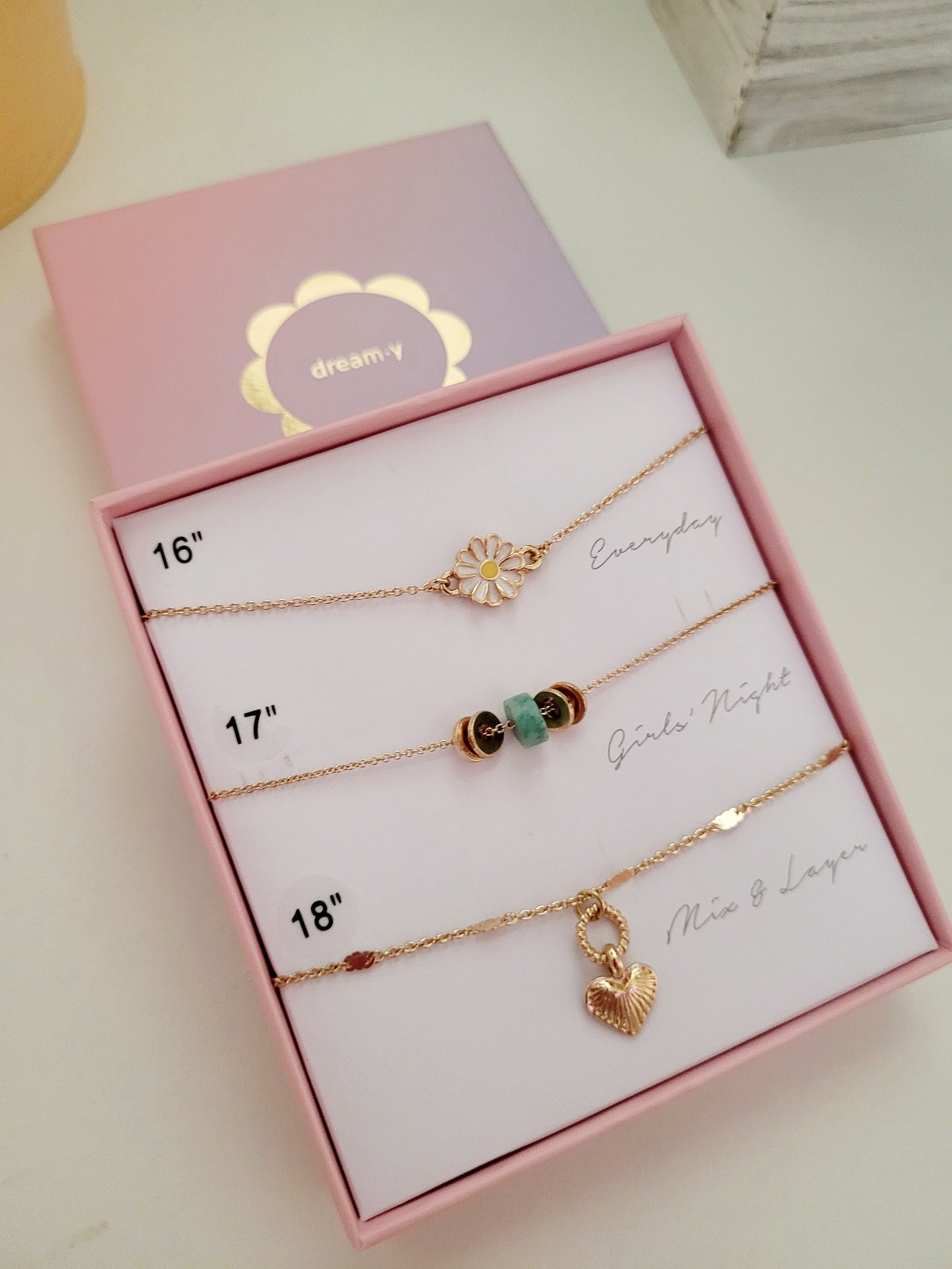 Set de 3 cadenas flor y corazon