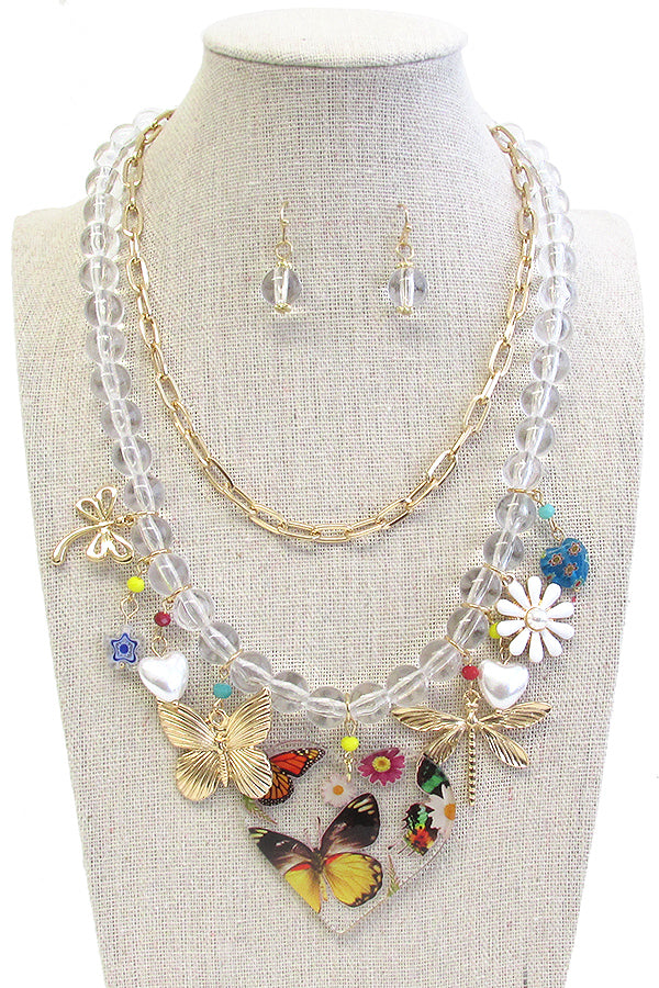Flowers and butterfly charms necklace