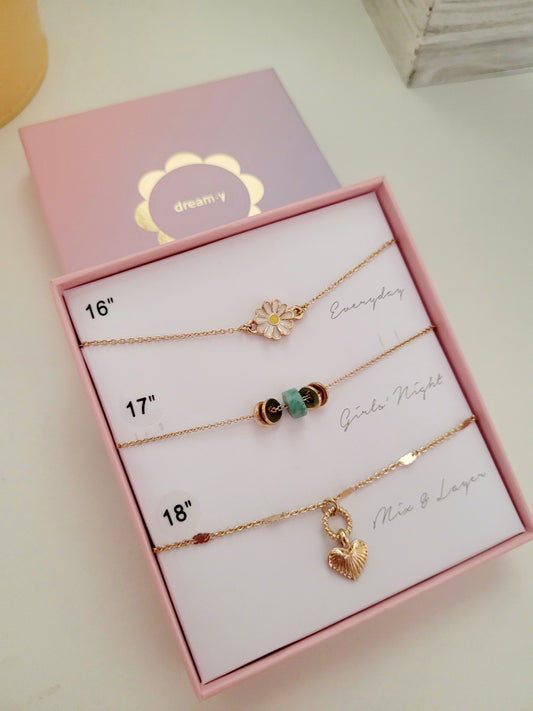 Set de 3 cadenas flor y corazon