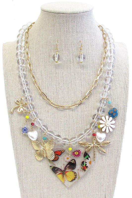 Flowers and butterfly charms necklace