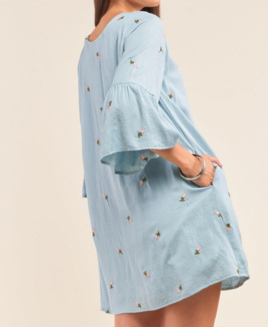 Blue with broidery flowers dress
